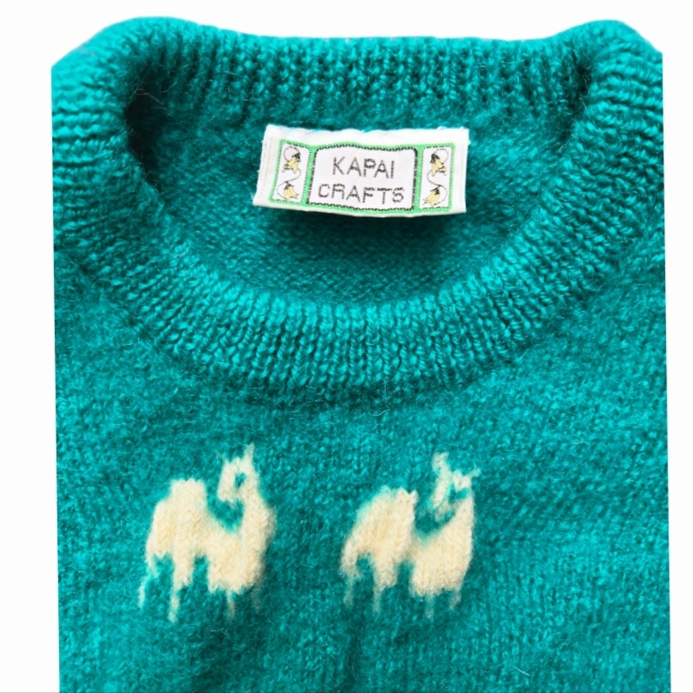 Vintage Kapai Crafts Sheep Sweater 100% Wool Turquoise Women's Size Small - Picture 3 of 7